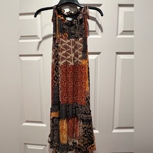 Robbie Bee Boho Patchwork knee length Dress in Black, Brown, Gold